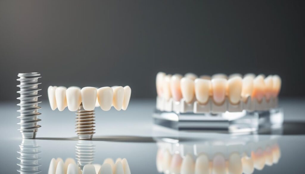 A well-lit, close-up photograph of dental treatment options including a dental implant, a dental bridge, and a full denture set, arranged on a clean, reflective surface. The implant and bridge are positioned prominently in the foreground, showcasing their natural-looking form and seamless integration with surrounding teeth. The denture set is placed in the middle ground, its polished acrylic base and lifelike teeth reflecting the lighting to create a glossy, high-quality appearance. The background is softly blurred, maintaining focus on the dental devices and highlighting their aesthetic qualities. The overall mood is clinical yet elegant, conveying a sense of professionalism and attention to detail in dental care. A well-lit, close-up photograph of dental treatment options including a dental implant, a dental bridge, and a full denture set, arranged on a clean, reflective surface. The implant and bridge are positioned prominently in the foreground, showcasing their natural-looking form and seamless integration with surrounding teeth. The denture set is placed in the middle ground, its polished acrylic base and lifelike teeth reflecting the lighting to create a glossy, high-quality appearance. The background is softly blurred, maintaining focus on the dental devices and highlighting their aesthetic qualities. The overall mood is clinical yet elegant, conveying a sense of professionalism and attention to detail in dental care.