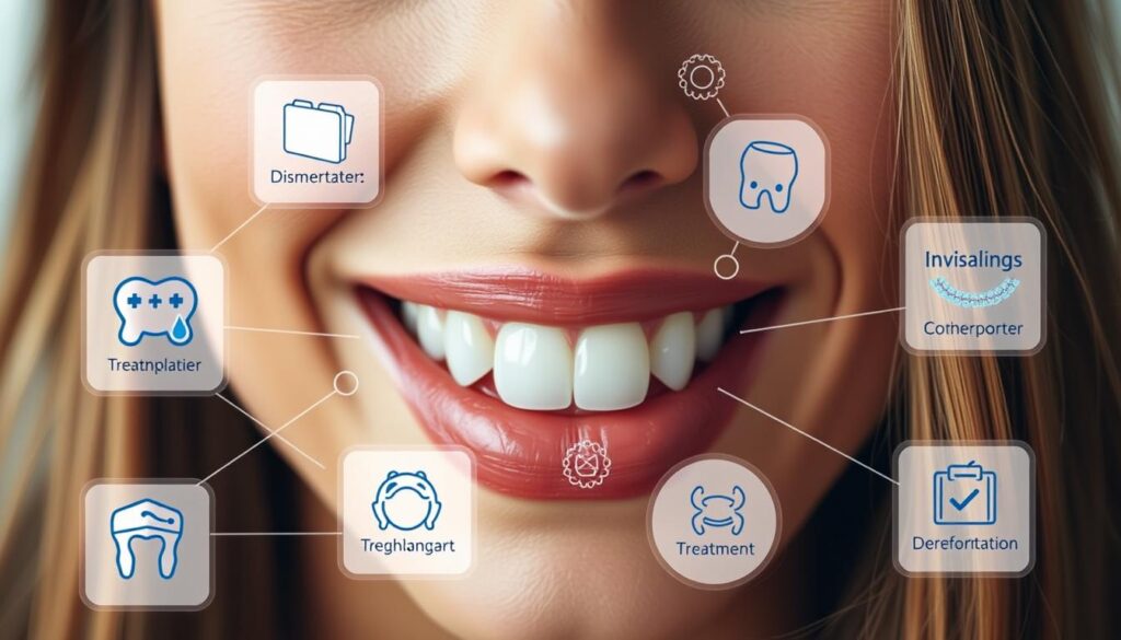 A well-lit, close-up shot of a person's face, with a serene expression, surrounded by a soft, blurred background. The person's teeth are partially visible, showcasing a clear, straight alignment. Around them, floating holographic icons and infographic elements illustrate common misconceptions about Invisalign, such as discomfort, visibility, and treatment duration. The overall mood is informative and reassuring, conveying the effectiveness and comfort of Invisalign treatment.