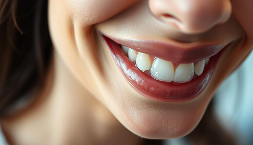 A well-lit, close-up view of a patient's teeth undergoing Invisalign treatment. The clear aligners are visible, fitting snugly over the teeth, with a subtle sheen that conveys the transparent, discreet nature of the orthodontic appliance. The background is slightly blurred, keeping the focus on the teeth and aligners. The lighting is soft and diffused, creating a gentle, calming atmosphere that reflects the patient's comfort and confidence during the treatment process. The angle is slightly angled, providing a detailed, three-dimensional perspective of the aligners in place.