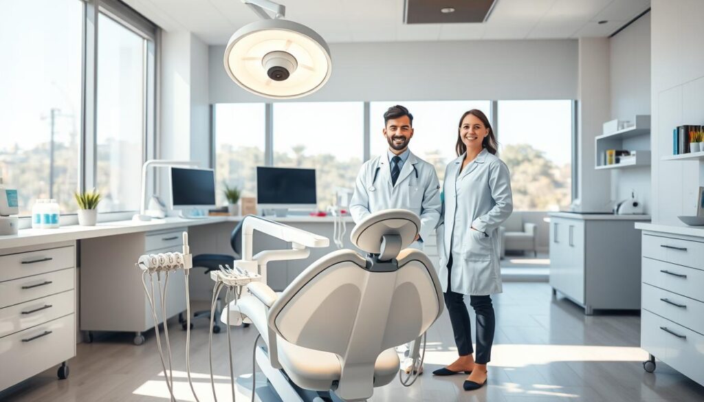 A well-lit dental clinic interior with a modern, minimalist aesthetic. In the foreground, a dentist's chair takes center stage, equipped with sleek, state-of-the-art instruments and a large overhead light. In the middle ground, a dentist and dental assistant stand beside the chair, wearing pristine white coats and facing the viewer with warm, reassuring expressions. The background features a clean, organized workspace with various dental care products, a computer monitor, and a large window that allows natural light to pour in, creating a calming, professional atmosphere.