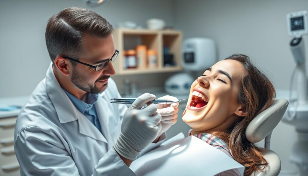 A well-lit dental examination room with a patient seated in a reclining chair, their mouth open as a dentist in a white coat and gloves examines their teeth with a dental mirror and probe. The dentist has a focused, professional expression, and the room is filled with the clean, sterile atmosphere of a modern dental practice, with dental equipment and supplies neatly organized in the background. The lighting is bright and even, highlighting the details of the patient's teeth and the dentist's tools, creating a sense of care and attention to detail. The overall mood is one of diligence and concern for the patient's oral health.