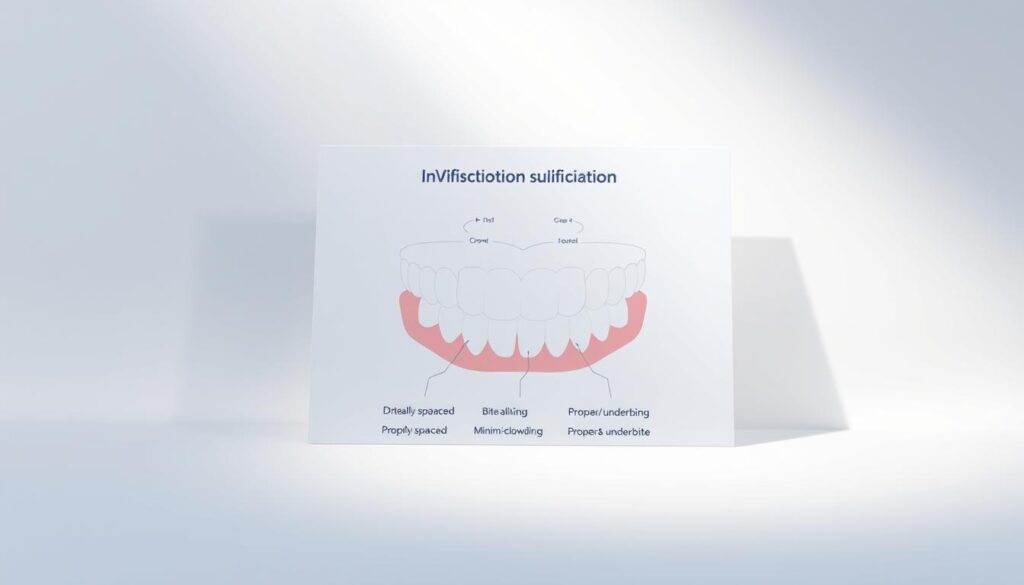 A well-lit, detailed illustration showcasing the key qualifications for Invisalign treatment. A clean, professional-looking diagram in the foreground, with a soft, neutral background. The diagram should clearly depict the ideal dental conditions and bite alignment necessary for Invisalign, including properly spaced teeth, minimal crowding, and proper overbite/underbite. The image should convey a sense of dental expertise and medical authority, guiding the viewer through the consultation process for Invisalign suitability.