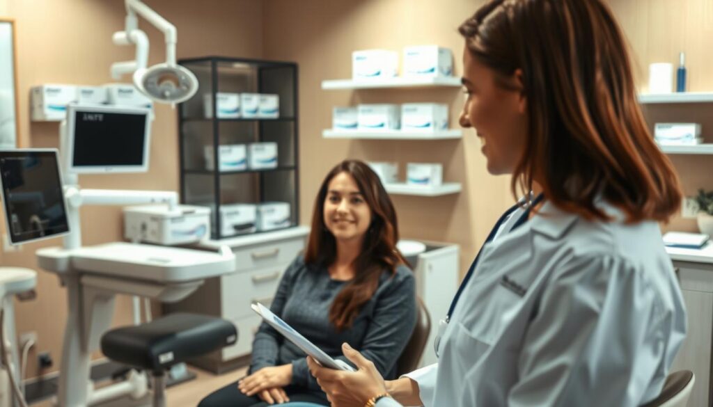 A well-lit, high-resolution interior scene of a modern dental office. In the foreground, a dentist in a white coat is explaining Invisalign treatment options to a patient sitting in a comfortable chair. The patient's face is slightly obscured, but their attentive posture and engaged expression convey their interest. The background features dental equipment, shelves of Invisalign products, and warm, neutral-toned decor that creates a professional yet approachable atmosphere. Soft, directional lighting illuminates the scene, creating subtle shadows and highlights that enhance the depth and clarity of the image.