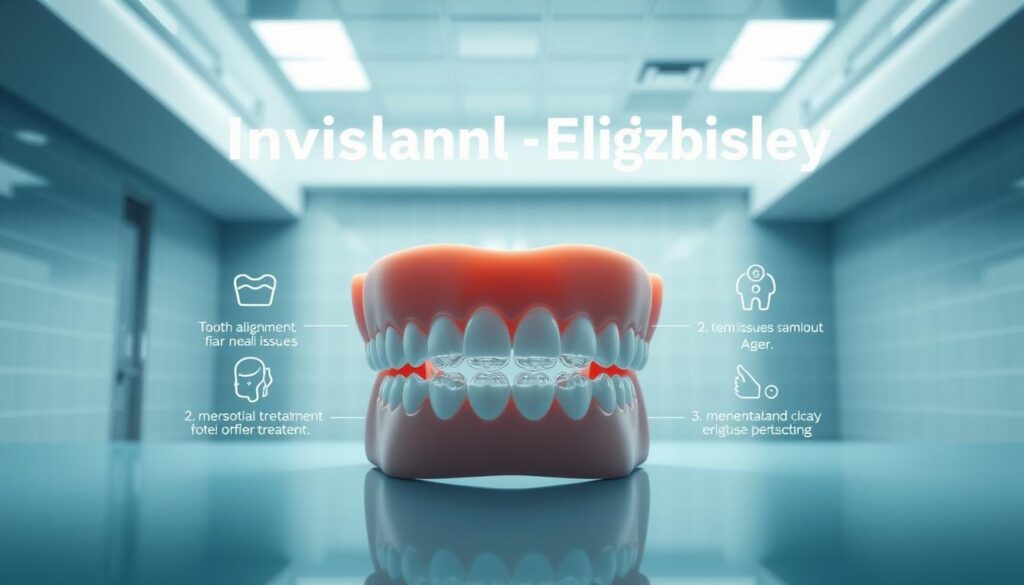 A well-lit, realistic medical diagram showcasing the key criteria for Invisalign eligibility. In the foreground, a 3D model of a set of teeth, with clear aligners partially visible. In the middle ground, a series of icons and bullet points outlining the essential requirements, such as tooth alignment, bite issues, and age. The background features a clean, sterile medical environment with subtle grid patterns and a soft blue-gray color palette, conveying a sense of professionalism and authority. The lighting is balanced, with both direct and diffused sources, creating depth and dimension. The overall composition is visually striking and informative, designed to educate the viewer on the suitability of Invisalign treatment.