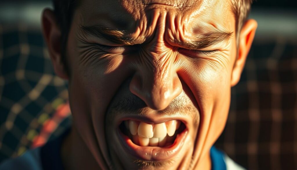 An athlete's face in close-up, grimacing in pain, with a broken tooth prominently visible, surrounded by a blurred sports equipment background. Warm, dramatic lighting casts shadows across the face, emphasizing the tooth fracture. The image has a sense of tension and immediacy, capturing the sudden impact and aftermath of a sports injury. A shallow depth of field keeps the focus on the damaged tooth, while the peripheral equipment suggests the context of the accident.