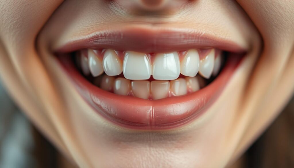 Closeup shot of a person's teeth with Invisalign aligners, showcasing the discreet, transparent nature of the treatment. The aligners are faintly visible, blending seamlessly with the teeth. Soft, diffused lighting illuminates the subject, creating a natural, unobtrusive effect. The focus is on the upper and lower arches, capturing the gradual, step-by-step process of teeth straightening. The background is blurred, keeping the attention on the central subject. The overall mood is one of subtle transformation, highlighting the minimal visual impact of Invisalign compared to traditional metal braces.