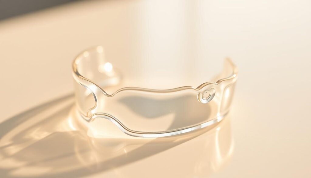 Crisp, clear Invisalign aligners in close-up, illuminated by warm, natural lighting. Transparent trays sit atop a clean, minimalist surface, showcasing their discreet, low-profile design. The aligners' smooth, seamless edges and precision-molded contours convey a sense of high-quality, advanced orthodontic technology. The overall composition emphasizes the Invisalign's aesthetic appeal and ease of maintenance, aligning with the "Oral Hygiene and Maintenance" section of the article. Crisp, clear Invisalign aligners in close-up, illuminated by warm, natural lighting. Transparent trays sit atop a clean, minimalist surface, showcasing their discreet, low-profile design. The aligners' smooth, seamless edges and precision-molded contours convey a sense of high-quality, advanced orthodontic technology. The overall composition emphasizes the Invisalign's aesthetic appeal and ease of maintenance, aligning with the "Oral Hygiene and Maintenance" section of the article.