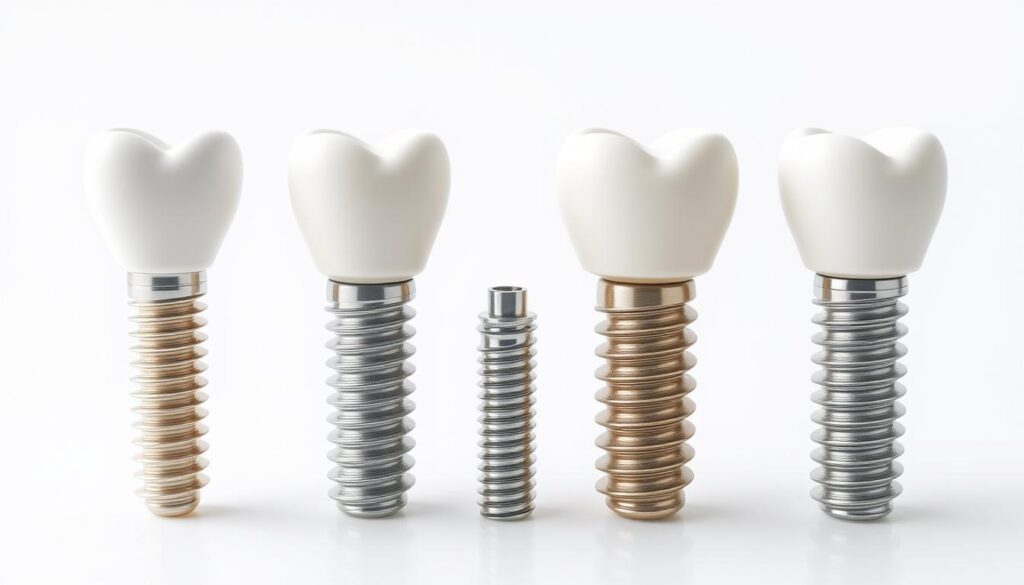 Dental implant comparisons: a detailed side-by-side display showcasing various implant types and their unique characteristics. Crisp, high-resolution rendering with natural lighting, capturing the intricate details of each implant - from the titanium screw to the custom-crafted crown. The scene is set against a clean, white background, allowing the implants to be the focal point, inviting close examination. Carefully arranged to illustrate the differences in size, shape, and design, providing a comprehensive visual reference for understanding the nuances of dental implant solutions.