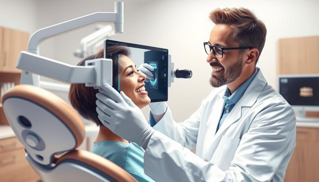 Detailed rendering of a professional dental clinic interior, showcasing a patient undergoing an Invisalign suitability assessment. The scene depicts a serene, well-lit examination room with modern dental equipment and furnishings. A dentist in a white coat is carefully examining the patient's teeth, utilizing digital imaging tools to assess their suitability for Invisalign treatment. The patient's face is clearly visible, expressing a mixture of curiosity and anticipation. The background features a clean, minimalist design with neutral tones, allowing the focus to remain on the patient-dentist interaction. The lighting is soft and diffused, creating a calming atmosphere conducive to a thoughtful decision-making process.
