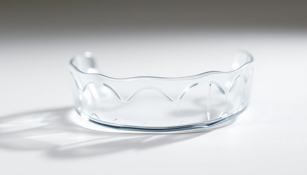 High-quality macro close-up of clear plastic orthodontic aligners resting on a white background, illuminated by soft, even studio lighting from multiple angles. The aligners are fully transparent, allowing the viewer to see through them clearly. The edges and contours of the aligners are sharply defined, showcasing their sleek, discreet design. The overall scene conveys a sense of simplicity, cleanliness, and the invisible nature of the aligners when worn.