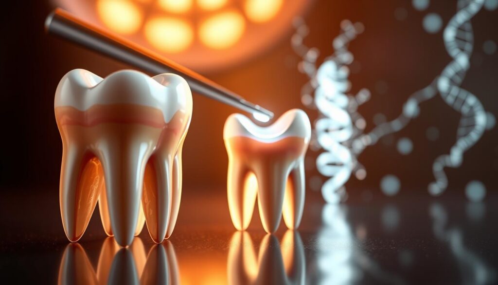 Photorealistic 3D render of tooth replacement options, focused on stem cell therapy as a cutting-edge solution. Foreground depicts a healthy, natural-looking tooth with detailed enamel, dentin, and pulp structures. Middle ground shows a damaged tooth being extracted, surrounded by surgical instruments. Background presents a regenerative stem cell treatment, with glowing strands of DNA and tissue engineering scaffolds. Warm, clinical lighting illuminates the scene, creating a sense of innovation and medical progress. Precisely framed to emphasize the transition from damaged to restored dentition, highlighting the potential of stem cell therapies to revolutionize modern dental care. Photorealistic 3D render of tooth replacement options, focused on stem cell therapy as a cutting-edge solution. Foreground depicts a healthy, natural-looking tooth with detailed enamel, dentin, and pulp structures. Middle ground shows a damaged tooth being extracted, surrounded by surgical instruments. Background presents a regenerative stem cell treatment, with glowing strands of DNA and tissue engineering scaffolds. Warm, clinical lighting illuminates the scene, creating a sense of innovation and medical progress. Precisely framed to emphasize the transition from damaged to restored dentition, highlighting the potential of stem cell therapies to revolutionize modern dental care.