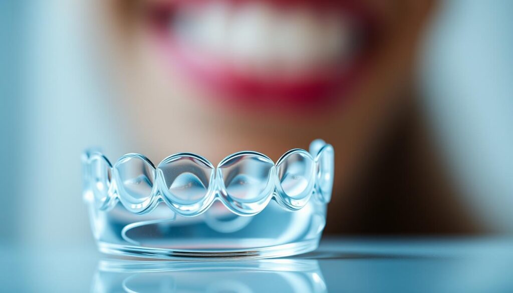 Transparent Invisalign aligners in detailed close-up, showcasing their seamless, low-profile design. The aligners are illuminated from the side, creating a soft, diffused glow that highlights their crystal-clear material. The foreground is sharply in focus, while the background is subtly blurred, drawing the viewer's attention to the intricate structure and precision engineering of the aligners. The overall mood is clean, modern, and clinical, reflecting the advanced orthodontic technology. The image conveys the discreet and comfortable nature of Invisalign, seamlessly blending into the wearer's natural smile.