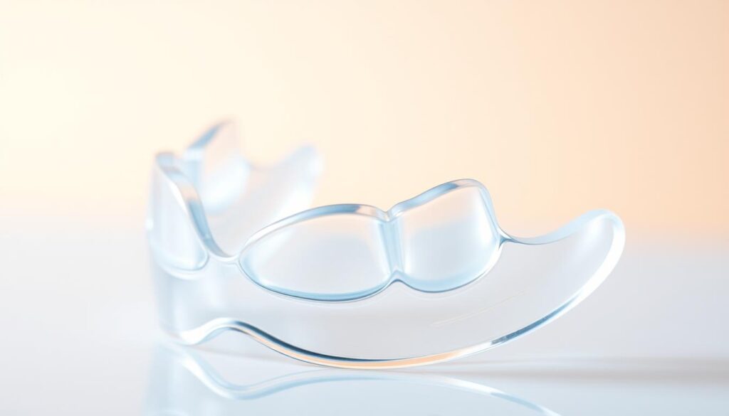 a clear, high-quality image of clear dental aligners, showcasing their transparent and discreet nature. The aligners are shown in close-up, with a focus on the intricate details and smooth, contoured design. The lighting is soft and diffused, highlighting the sleek, minimalist aesthetic of the aligners. The background is a neutral, complementary color that allows the aligners to stand out prominently. The overall composition emphasizes the scientific and technological aspects of clear aligners, conveying a sense of advanced dental innovation and subtle, invisible orthodontic treatment.