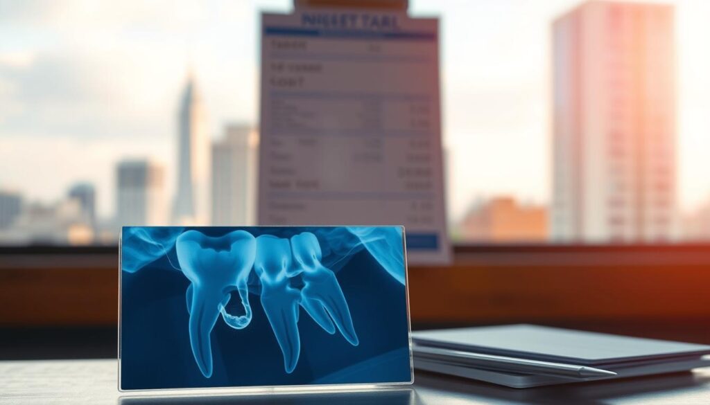 a detailed, high-quality digital illustration of the costs and insurance coverage related to oral health. The foreground depicts a dental x-ray image showing a damaged tooth, with a dental bill and insurance card visible in the middle ground. The background features a blurred cityscape, conveying the urban context. The lighting is soft and diffused, creating a calming atmosphere. The composition is balanced and the focus is on the key elements related to the costs and insurance coverage for dental care.