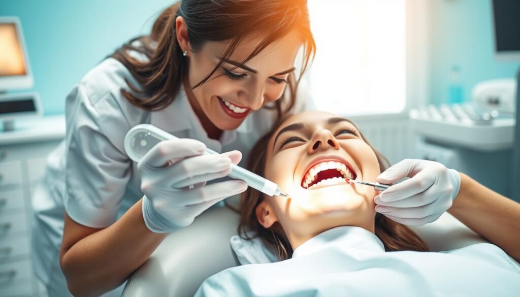 A brightly lit dental office, the patient reclining comfortably in a sleek chair. A dental hygienist, dressed in crisp white, leans in with a gentle smile, holding a high-powered suction tool and a small mirror. The patient's mouth is open, revealing pearly white teeth being meticulously cleaned, the hygienist's expert hands skillfully removing any plaque or tartar buildup. In the background, modern dental equipment and soothing blue-green tones create a calming, professional atmosphere. Soft, diffused lighting casts a warm glow, highlighting the patient's relaxed expression as they receive their routine dental cleaning.