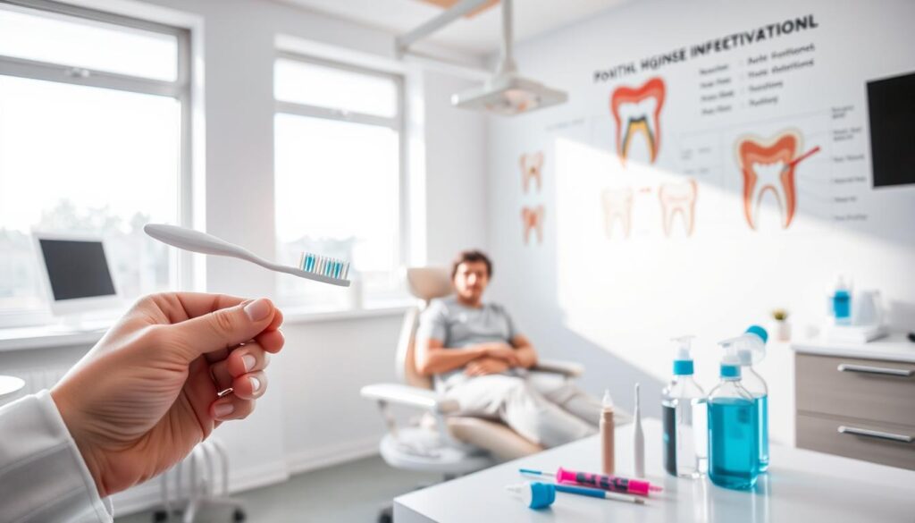 A clean, well-lit dental office with bright, natural lighting streaming through large windows. In the foreground, a dentist's hand holds a toothbrush demonstrating proper brushing technique. On a nearby table, an array of dental hygiene tools - floss, interdental brushes, and mouthwash bottles. In the middle ground, a patient seated in a reclining chair, eyes attentive as the dentist explains prevention tips. The background features anatomical diagrams of teeth and the oral cavity, emphasizing the importance of maintaining good oral health. The overall mood is educational, informative, and reassuring, providing visual cues for safeguarding against tooth infections.