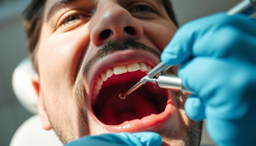 A close-up view of a dentist's hand performing a root canal procedure on a patient's tooth. The dentist is wearing blue latex gloves and using a dental drill to carefully remove the infected pulp from the tooth's interior. The patient's mouth is open wide, and the surrounding area is illuminated by a bright overhead light, casting sharp shadows. The dentist's face is focused, with a slight frown of concentration. The overall atmosphere is one of clinical precision and a sense of the patient's discomfort. The image should convey the technical nature of the procedure while evoking the patient's experience. A close-up view of a dentist's hand performing a root canal procedure on a patient's tooth. The dentist is wearing blue latex gloves and using a dental drill to carefully remove the infected pulp from the tooth's interior. The patient's mouth is open wide, and the surrounding area is illuminated by a bright overhead light, casting sharp shadows. The dentist's face is focused, with a slight frown of concentration. The overall atmosphere is one of clinical precision and a sense of the patient's discomfort. The image should convey the technical nature of the procedure while evoking the patient's experience.