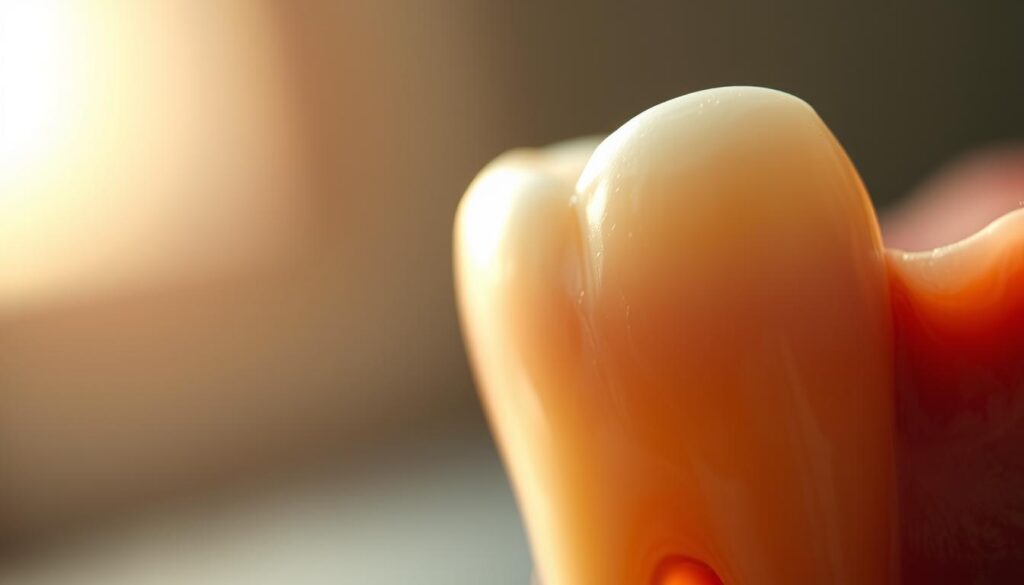 A close-up view of a human tooth in the aftermath of a root canal procedure. The tooth is shown in the foreground, with a warm, soft lighting highlighting its subtle details. The tooth appears slightly discolored, indicating the endodontic treatment. In the middle ground, the surrounding gum tissue is visible, slightly swollen and reddened, reflecting the natural healing process. The background is blurred, creating a sense of focus on the tooth and its recovery. The overall mood is one of calm and introspection, conveying the patient's experience of the post-root canal aftercare. A close-up view of a human tooth in the aftermath of a root canal procedure. The tooth is shown in the foreground, with a warm, soft lighting highlighting its subtle details. The tooth appears slightly discolored, indicating the endodontic treatment. In the middle ground, the surrounding gum tissue is visible, slightly swollen and reddened, reflecting the natural healing process. The background is blurred, creating a sense of focus on the tooth and its recovery. The overall mood is one of calm and introspection, conveying the patient's experience of the post-root canal aftercare.
