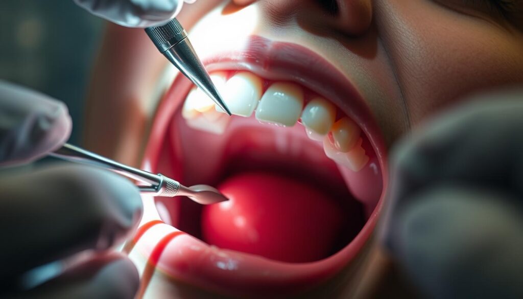 A close-up view of a person's open mouth during a dental procedure, with the dentist's hands and tools visible. The lighting is bright and clinical, casting sharp shadows and highlighting the details of the teeth and gums. The focus is on the procedure itself, conveying a sense of precision and professionalism. The background is blurred, emphasizing the procedure as the central subject. The overall mood is one of medical efficiency and attention to detail, reflecting the "Duration of the Procedure" theme.