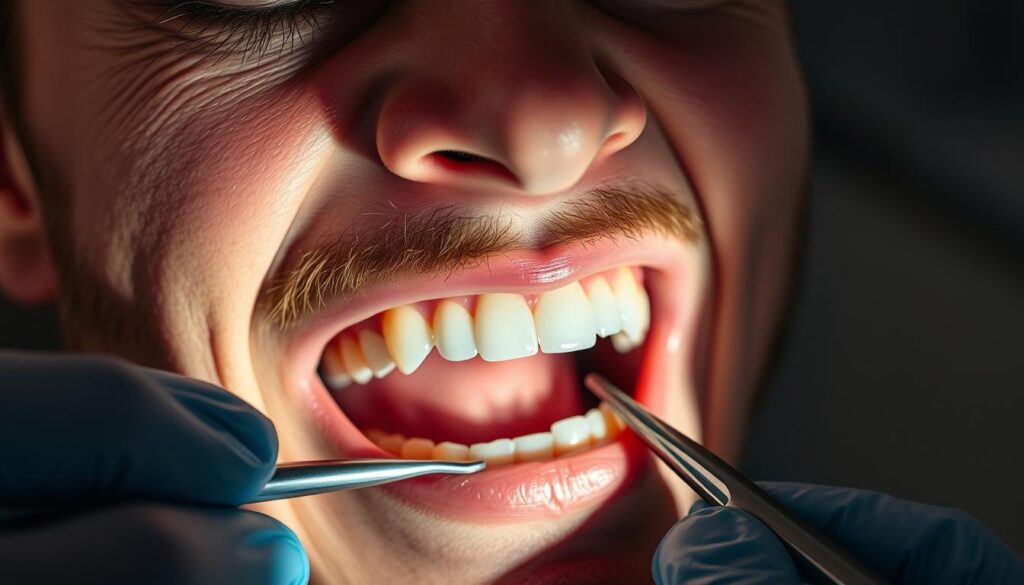 A close-up view of a set of teeth undergoing a dental restoration procedure. The patient's face expresses a pained expression, with furrowed brows and a tense, clenched jaw. The background is blurred, creating a sense of focus on the dental work. The lighting is clinical and harsh, casting sharp shadows on the patient's face. The dentist's gloved hands are visible, holding dental tools as they work on the patient's mouth. The overall atmosphere conveys the discomfort and unease associated with the dental procedure.