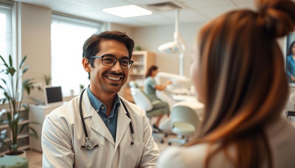 A cozy dental office interior, with a warm and inviting atmosphere. A smiling dentist greets a patient in the foreground, their friendly demeanor instantly putting the patient at ease. The office is well-lit, with natural light streaming in through large windows, illuminating the clean and modern furnishings. In the middle ground, a receptionist assists other patients, creating a sense of professionalism and organization. The background features state-of-the-art dental equipment, conveying the dentist's expertise and commitment to providing high-quality care. The overall scene exudes an air of trust and reliability, embodying the essence of "Finding the Right Dentist."