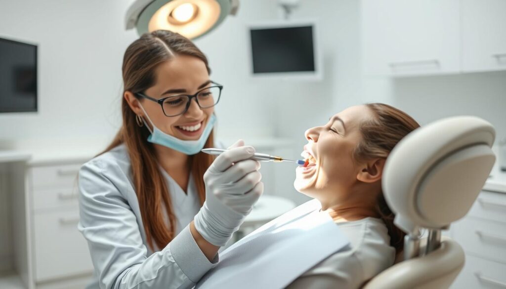 A dental hygienist examines a patient's teeth and gums in a well-lit, modern dental office. The patient sits comfortably in a reclined chair as the hygienist uses a small dental mirror and probe to inspect for signs of plaque buildup, tartar, and potential issues. The room has a calming, clinical atmosphere, with clean white surfaces and the faint hum of dental equipment. Soft, diffused lighting illuminates the scene, casting gentle shadows that highlight the intricate details of the patient's oral anatomy. The hygienist's expression is focused and professional, reflecting the importance of this routine preventative care.