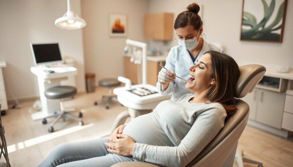 A dental office setting during a routine cleaning procedure. In the foreground, a pregnant woman sits comfortably in a reclining dental chair, her mouth open as a dentist in a white coat and mask carefully examines her teeth using a small mirror and probe. The dentist's movements are gentle and focused. In the middle ground, a dental assistant prepares instruments on a tray, ensuring a sterile environment. The background features typical dental office decor - tiled floors, modern equipment, and calming artwork on the walls. Soft, natural lighting illuminates the scene, creating a sense of safety and reassurance for the patient.