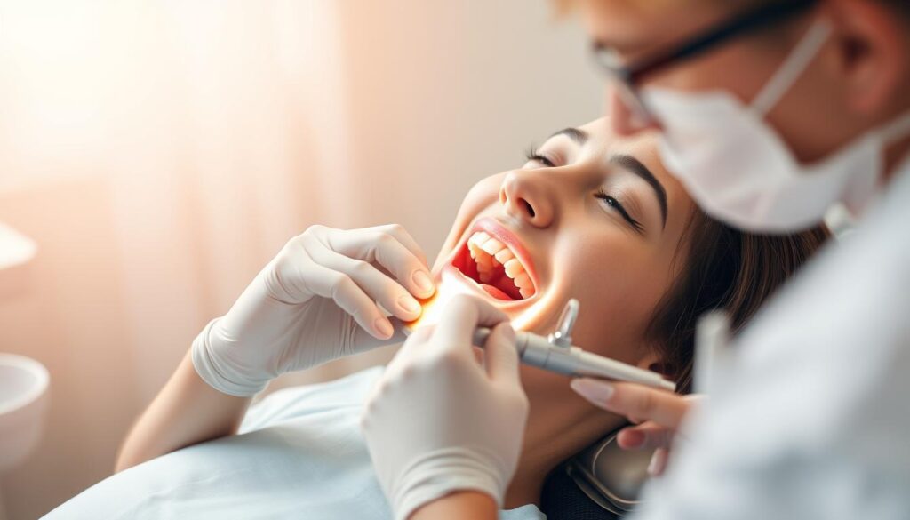 A dental patient sitting comfortably in a chair, their mouth gently open as a dentist examines their teeth. The dentist's face is calm and reassuring, their movements precise and gentle. The lighting is soft and warm, creating a sense of tranquility. The background is blurred, focusing the viewer's attention on the patient's relaxed expression and the dentist's skilled hands. The scene conveys the patient's trust in the dentist's expertise and the use of effective pain control techniques during the dental procedure.