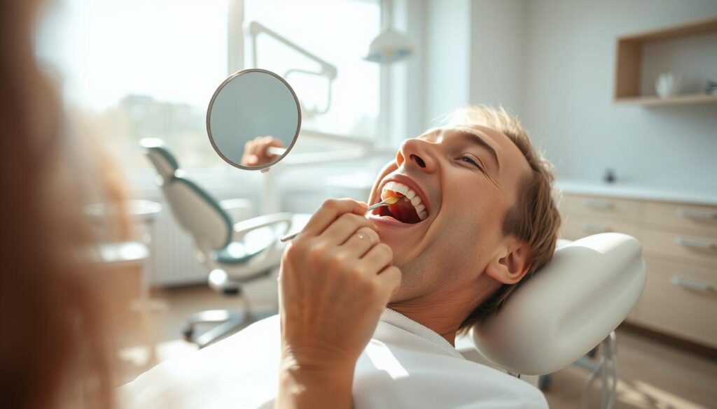 A dentist's office, brightly lit with natural sunlight streaming through large windows. In the foreground, a dental hygienist carefully inspects a patient's teeth, using a mirror and probe to gently remove plaque and tartar. The patient sits comfortably in a reclining chair, their mouth open wide, as the hygienist's skilled hands work efficiently. In the background, a modern dental chair and equipment stand ready, conveying a sense of professionalism and high-quality care. The scene exudes a sense of calm and reassurance, inviting the viewer to understand the importance of regular dental cleanings in maintaining oral health.