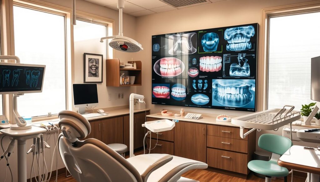 A dentist's office interior, well-lit with warm, natural lighting from large windows. In the foreground, a detailed dental chair and assorted dental instruments, conveying a sense of professional expertise. The middle ground features various dental models and x-rays, illustrating different treatment options. In the background, a wall display showcases advanced dental technology and procedures, including images of healthy and damaged teeth. The overall atmosphere is calm, inviting, and inspires confidence in the quality of care.