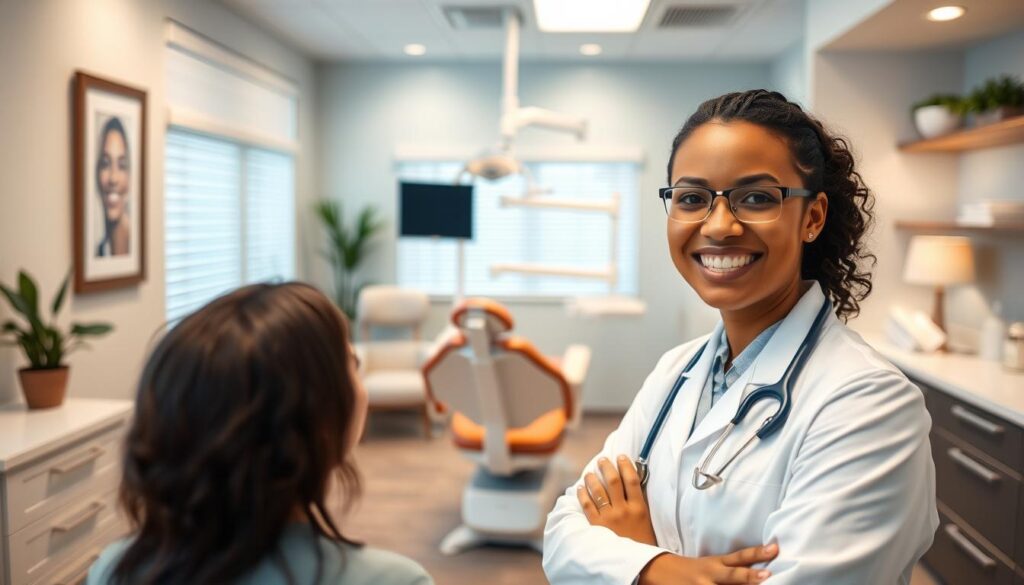 A dentist's office with a welcoming, professional atmosphere. In the foreground, a smiling, friendly dentist greets a patient, exuding trust and confidence. The middle ground features a clean, modern dental chair and equipment, conveying advanced medical technology. The background showcases a serene, calming environment with soothing colors, soft lighting, and tasteful decor, creating a sense of comfort and care. The overall scene emphasizes the importance of choosing a dental provider who combines medical expertise, patient-centric approach, and a commitment to patient well-being. A dentist's office with a welcoming, professional atmosphere. In the foreground, a smiling, friendly dentist greets a patient, exuding trust and confidence. The middle ground features a clean, modern dental chair and equipment, conveying advanced medical technology. The background showcases a serene, calming environment with soothing colors, soft lighting, and tasteful decor, creating a sense of comfort and care. The overall scene emphasizes the importance of choosing a dental provider who combines medical expertise, patient-centric approach, and a commitment to patient well-being.