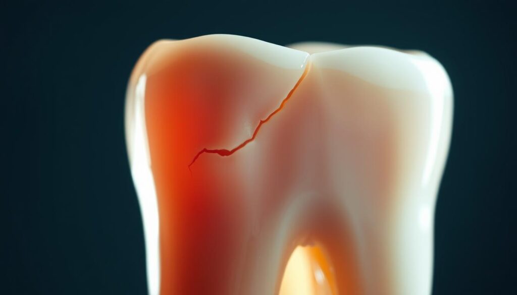 A detailed close-up view of a human tooth, showcasing a visible fracture or crack along the enamel surface. The tooth is illuminated by soft, diffused lighting, creating a sense of clinical focus and clarity. The perspective is slightly elevated, allowing for a clear, high-resolution examination of the damaged tooth structure. The background is blurred and out of focus, emphasizing the central subject. The overall mood is one of medical examination and diagnostic analysis, conveying the importance of identifying and addressing a cracked or fractured tooth.
