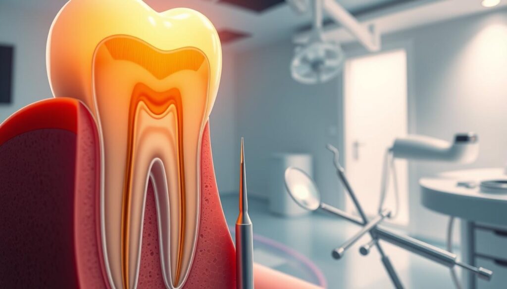 A detailed, cross-section illustration of a human tooth undergoing a root canal procedure. Illuminated by a warm, clinical overhead light, the tooth is displayed in the foreground, showcasing the intricate inner structures - the pulp chamber, nerve canals, and dentin layers. In the middle ground, a set of dental tools, including files, reamers, and a dental mirror, are neatly arranged, conveying a sense of precision and professionalism. The background depicts a clean, sterile dental operatory, with crisp white walls and floors, emphasizing the hygienic environment. The overall mood is one of educational clarity, allowing the viewer to understand the complex root canal process in detail. A detailed, cross-section illustration of a human tooth undergoing a root canal procedure. Illuminated by a warm, clinical overhead light, the tooth is displayed in the foreground, showcasing the intricate inner structures - the pulp chamber, nerve canals, and dentin layers. In the middle ground, a set of dental tools, including files, reamers, and a dental mirror, are neatly arranged, conveying a sense of precision and professionalism. The background depicts a clean, sterile dental operatory, with crisp white walls and floors, emphasizing the hygienic environment. The overall mood is one of educational clarity, allowing the viewer to understand the complex root canal process in detail.