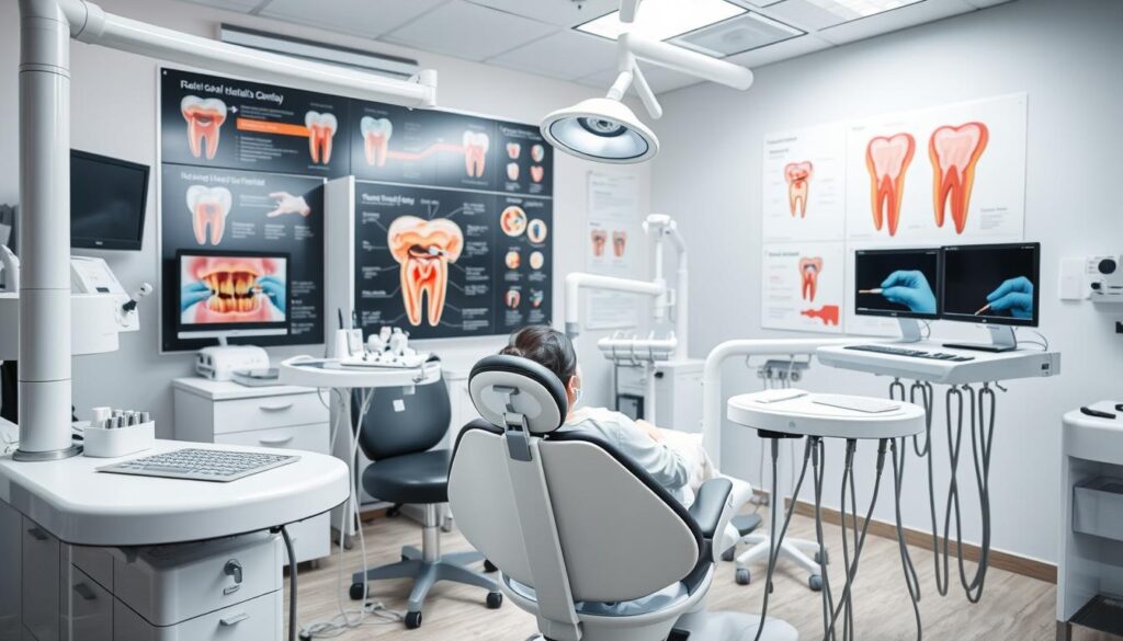 A detailed dental clinic interior with a dentist's chair in the foreground, surrounded by modern medical equipment and instruments. In the middle ground, a patient undergoing a root canal procedure, with the dentist and assistant performing the treatment. The background features informative visual aids and diagrams on oral health and dental procedures. Bright, clean lighting illuminates the scene, creating a professional and clinical atmosphere. The overall composition conveys the importance of well-informed oral health decisions.