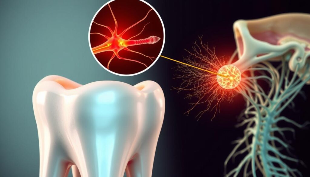 A detailed illustration depicting the contrast between tooth pain and nerve pain. In the foreground, an enlarged view of a human tooth, its pulp chamber inflamed and throbbing, conveying the sharp, localized ache of a toothache. In the middle ground, a nerved ending magnified, radiating a diffuse, tingling sensation down the jaw, representing neuropathic pain. The background should feature an anatomical cross-section of the mouth, highlighting the intricate network of nerves running through the jawbone. Use a realistic, scientific style with muted colors and natural lighting to emphasize the medical nature of the subject matter. Capture the nuanced differences in pain perception and origin to visually distinguish tooth pain from nerve damage.