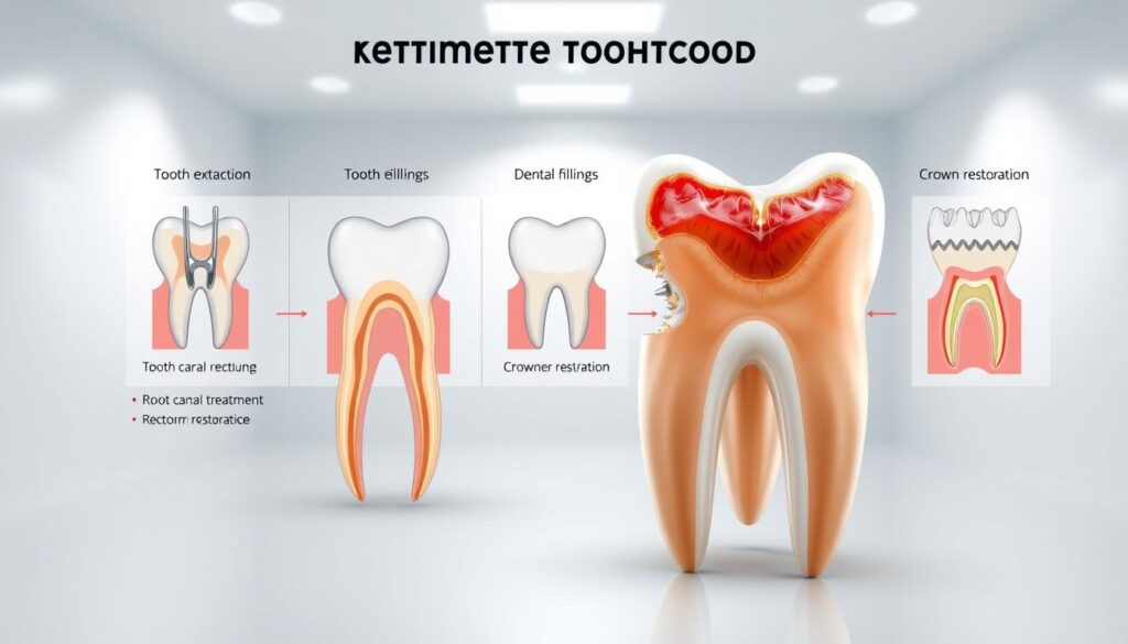 A detailed medical diagram showcasing treatment options for a broken tooth. The foreground displays a close-up view of a molar with a fractured crown, highlighting the different severity levels and corresponding repair techniques. The middle ground illustrates dental procedures such as tooth extraction, dental fillings, root canal treatment, and crown restoration, each with clear visual cues. The background features a serene, clinical setting with soft lighting and a minimal, white color palette to create a professional, educational atmosphere. Rendered with meticulous attention to anatomical accuracy and technical precision, this image aims to provide a comprehensive visual guide for patients considering their options for addressing a broken tooth.