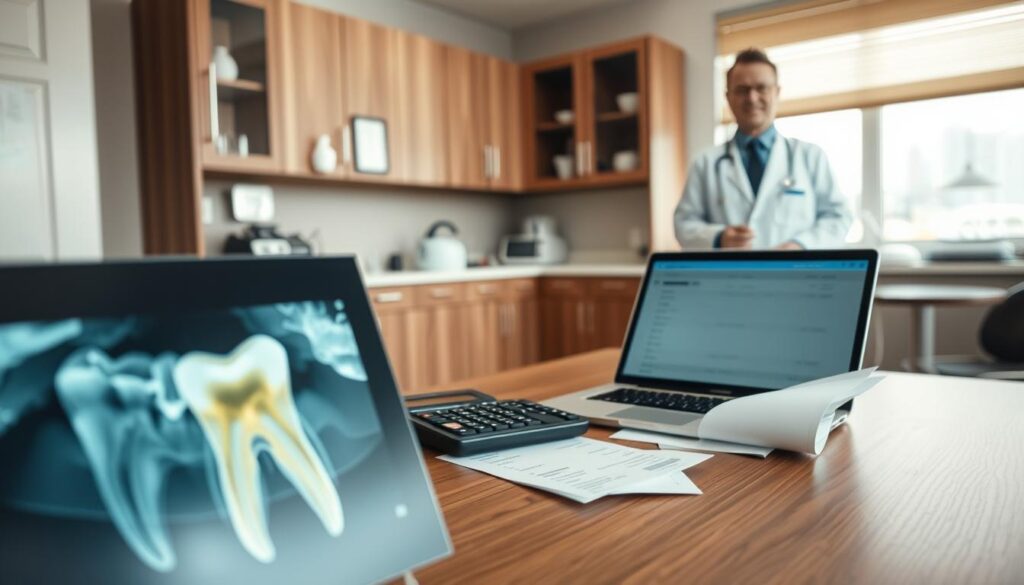 A detailed medical office interior with a focus on the cost of a root canal treatment. In the foreground, a patient's dental x-ray showing the affected tooth. In the middle ground, a wooden desk with a calculator, invoices, and a laptop displaying cost estimates. The background features medical cabinets, equipment, and a professional-looking physician in a white coat. Soft, natural lighting casts a warm, reassuring glow throughout the scene. The overall mood is informative and conveys the importance of understanding the financial aspects of a root canal procedure.