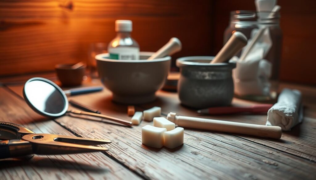 A meticulously rendered scene of makeshift dental tools and materials on a wooden surface, illuminated by warm, diffused lighting. In the foreground, a pair of pliers, dental wax, and a small mirror reflect the improvised nature of emergency dental care. The middle ground features a mortar and pestle, signifying the creation of temporary fillings or sealants. In the background, a jar of antiseptic solution and a roll of gauze suggest a makeshift first-aid setup, emphasizing the immediate and temporary nature of these solutions. The overall atmosphere conveys a sense of urgency and resourcefulness, capturing the essence of "Temporary Solutions for Emergencies."