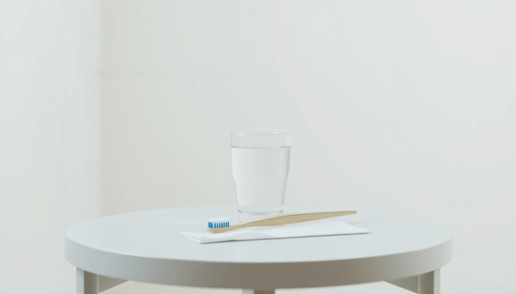 A neatly arranged table with a glass of water, a toothbrush, and a tube of toothpaste. The setting is well-lit, with soft, diffused lighting that creates a calming atmosphere. The table is positioned in a bright, airy room with a neutral, minimalist background, allowing the subject to be the focal point. The overall composition conveys a sense of cleanliness, simplicity, and a focus on post-dental care.