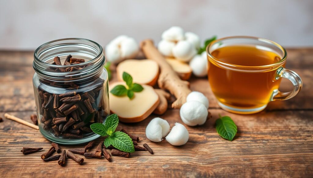 A neatly organized collection of natural remedies for soothing tooth pain, artfully arranged on a rustic wooden surface. In the foreground, a glass jar filled with cloves, a sprig of fresh peppermint, and a small mortar and pestle. In the middle ground, slices of ginger, a few cotton balls, and a teacup filled with a warm, herbal infusion. The background features a soft, diffused light, casting a comforting glow over the scene. The overall composition conveys a sense of simplicity, natural healing, and a holistic approach to dental care.
