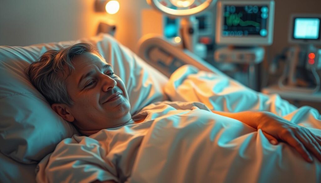 A patient resting comfortably in a hospital bed, recovering from a recent procedure. The scene is lit with warm, soft lighting, creating a calm and soothing atmosphere. In the foreground, the patient's face is relaxed, with a slight smile, indicating a sense of relief and comfort. The middle ground shows the patient's bandaged arm, subtly hinting at the medical intervention that has taken place. In the background, medical equipment and monitors provide a subtle reminder of the clinical setting, while still maintaining a peaceful ambiance. The overall composition conveys a sense of post-procedure care and attentive monitoring, highlighting the importance of proper anesthesia management. A patient resting comfortably in a hospital bed, recovering from a recent procedure. The scene is lit with warm, soft lighting, creating a calm and soothing atmosphere. In the foreground, the patient's face is relaxed, with a slight smile, indicating a sense of relief and comfort. The middle ground shows the patient's bandaged arm, subtly hinting at the medical intervention that has taken place. In the background, medical equipment and monitors provide a subtle reminder of the clinical setting, while still maintaining a peaceful ambiance. The overall composition conveys a sense of post-procedure care and attentive monitoring, highlighting the importance of proper anesthesia management.