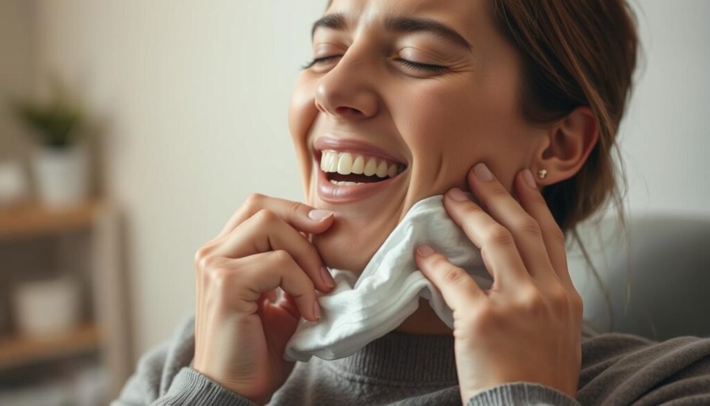 A person gently massaging their jaw, easing the discomfort from a recent root canal procedure. The image is set in a warm, soothing environment, with soft lighting and a calming color palette. The subject's expression conveys a sense of relief, as they tenderly apply a cold compress to the affected area. The background features minimal, unobtrusive details, allowing the focus to remain on the person's post-treatment recovery process. Captured with a shallow depth of field, creating a sense of intimacy and personal care. A person gently massaging their jaw, easing the discomfort from a recent root canal procedure. The image is set in a warm, soothing environment, with soft lighting and a calming color palette. The subject's expression conveys a sense of relief, as they tenderly apply a cold compress to the affected area. The background features minimal, unobtrusive details, allowing the focus to remain on the person's post-treatment recovery process. Captured with a shallow depth of field, creating a sense of intimacy and personal care.