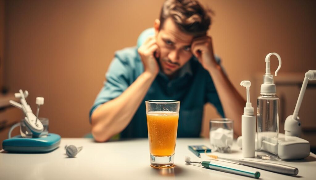 A person sitting at a table, appearing uncomfortable and slightly grimacing, with a glass of liquid in front of them. The table is set with various dental cleaning tools and equipment, suggesting they have just undergone a dental procedure. The scene is bathed in a soft, warm lighting, creating a sense of uneasiness and caution. The background is blurred, keeping the focus on the person and the forbidden drink they are about to consume, defying the dentist's advice. The image conveys the tension and temptation of indulging in a drink shortly after a dental cleaning, when certain foods and beverages should be avoided.