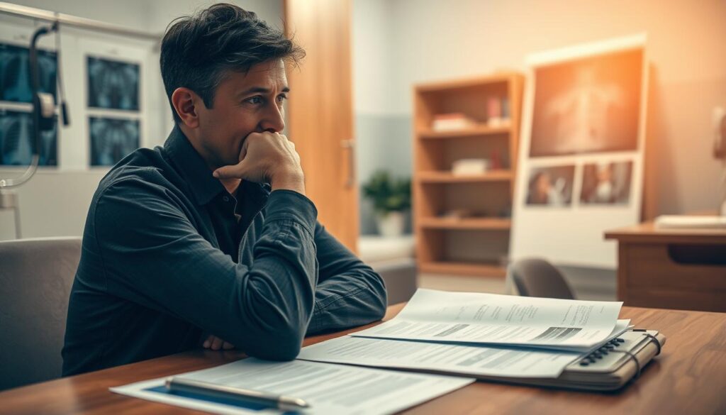 A person sitting at a wooden desk, deep in thought, surrounded by medical documents and x-rays. Soft, warm lighting illuminates the scene, creating an atmosphere of contemplation. The subject's face is partially obscured, but their expression conveys a sense of careful consideration. In the background, a medical clinic or office setting, with subtle hints of the decision they must make. The composition emphasizes the weight of the decision, with the subject's pose and the arrangement of the elements guiding the viewer's attention to the central focus of the scene.