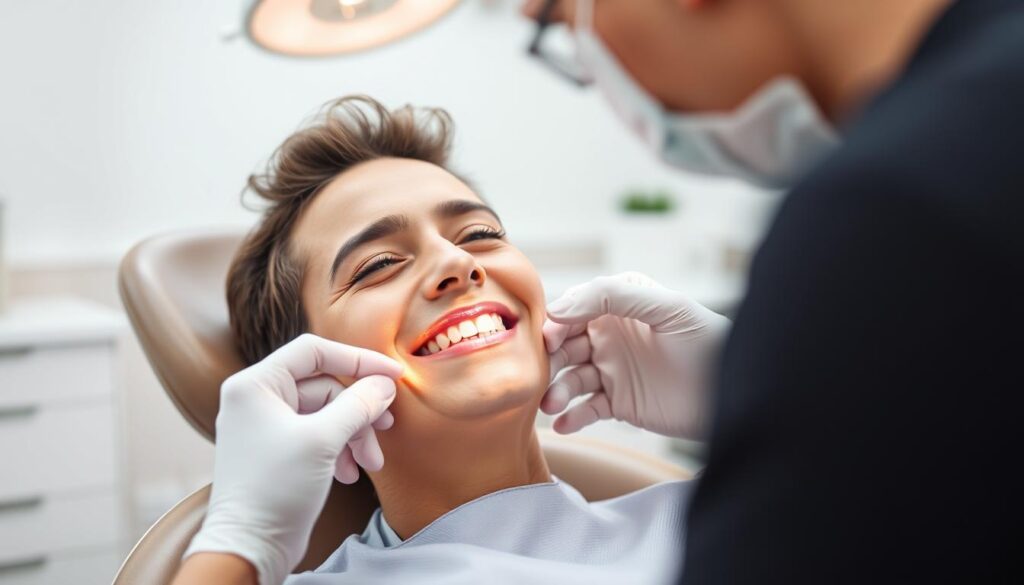 A person sitting comfortably in a dentist's chair, with a serene expression on their face, as a dentist gently examines their teeth. The background is a clean, modern dental office, with crisp lighting and a calming color palette. The focus is on the person's face, capturing a sense of relief and contentment, in contrast to the commonly held perception of root canal procedures being painful. The lens is set to a medium close-up, emphasizing the person's relaxed demeanor and the dentist's gentle, reassuring touch. A person sitting comfortably in a dentist's chair, with a serene expression on their face, as a dentist gently examines their teeth. The background is a clean, modern dental office, with crisp lighting and a calming color palette. The focus is on the person's face, capturing a sense of relief and contentment, in contrast to the commonly held perception of root canal procedures being painful. The lens is set to a medium close-up, emphasizing the person's relaxed demeanor and the dentist's gentle, reassuring touch.