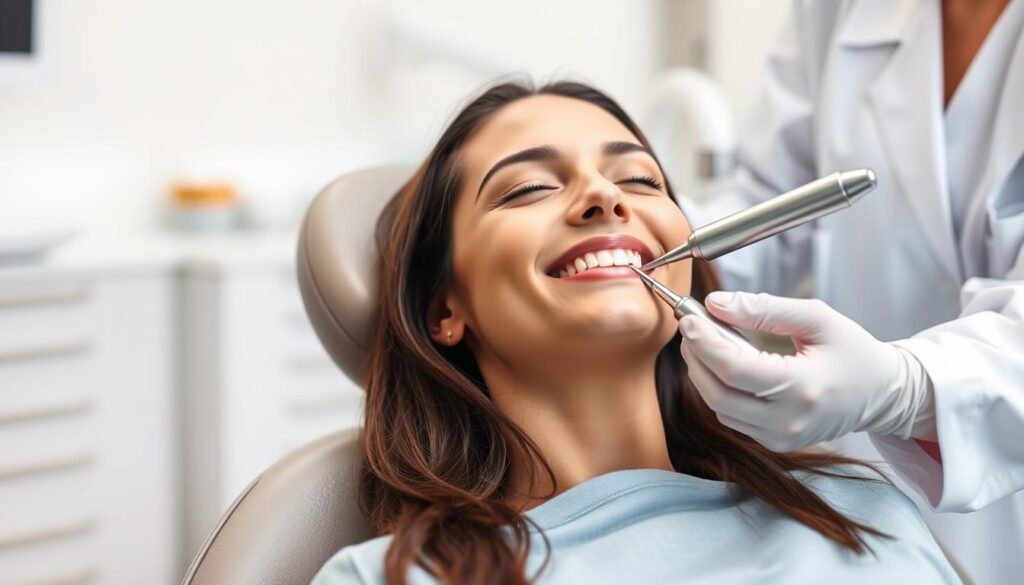 A person sitting in a dentist's chair, eyes closed, with a serene expression on their face. The chair is reclined, and a dental hygienist in a white coat is gently cleaning the person's teeth using a high-speed handpiece, creating a subtle hum. The background is a clean, modern dental office, with bright lighting and a calming color palette. The overall atmosphere is one of relaxation and care, conveying the immediate aftercare experience following a thorough dental cleaning.