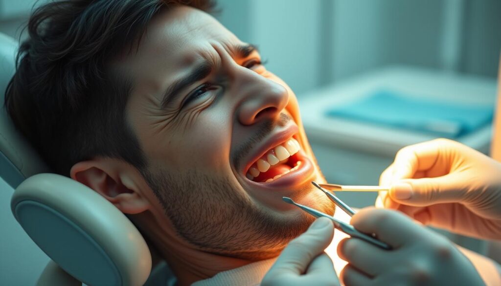 A person sitting in a dentist's chair, their mouth open as a dentist examines their teeth. The patient's expression conveys discomfort, with a slight wince on their face. Soft, warm lighting illuminates the scene, casting a gentle glow on the dentist's tools and the patient's skin. The background is blurred, focusing the viewer's attention on the central interaction between the dentist and patient. The overall atmosphere evokes a sense of tension and unease associated with dental procedures, yet a sense of care and professionalism from the dentist.