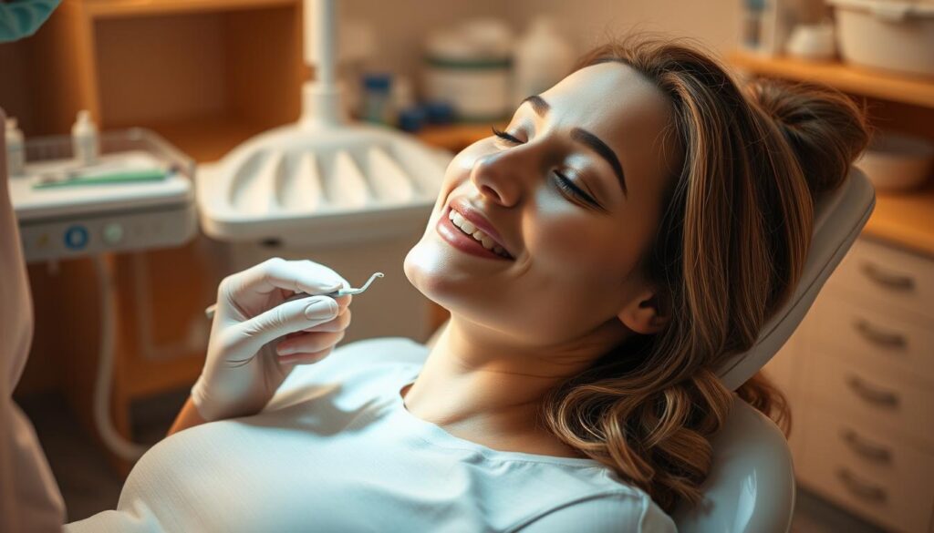 A pregnant woman reclines comfortably in a dentist's chair, her mouth gently opened as a dental hygienist carefully cleans her teeth. The scene is bathed in warm, soft lighting, creating an atmosphere of care and attentiveness. The woman's expression is serene, reflecting the trust she has placed in her healthcare provider. In the background, medical equipment and supplies are neatly organized, conveying a sense of professionalism and attention to detail. The composition emphasizes the gentle, reassuring nature of the dental treatment, ensuring the safety and well-being of the expectant mother.