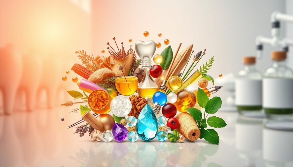 A serene dental office setting with a row of healthy teeth on the left and alternative treatments on the right. In the center, a vibrant, colorful mosaic of natural healing remedies - herbal tinctures, acupuncture needles, and a shimmering crystal grid. Warm, diffused lighting bathes the scene, conveying a sense of tranquility and holistic wellness. The composition is balanced, with clean lines and a harmonious color palette that evokes a soothing, restorative atmosphere. The focus is on the alternatives, highlighting their natural, non-invasive approach to dental care.