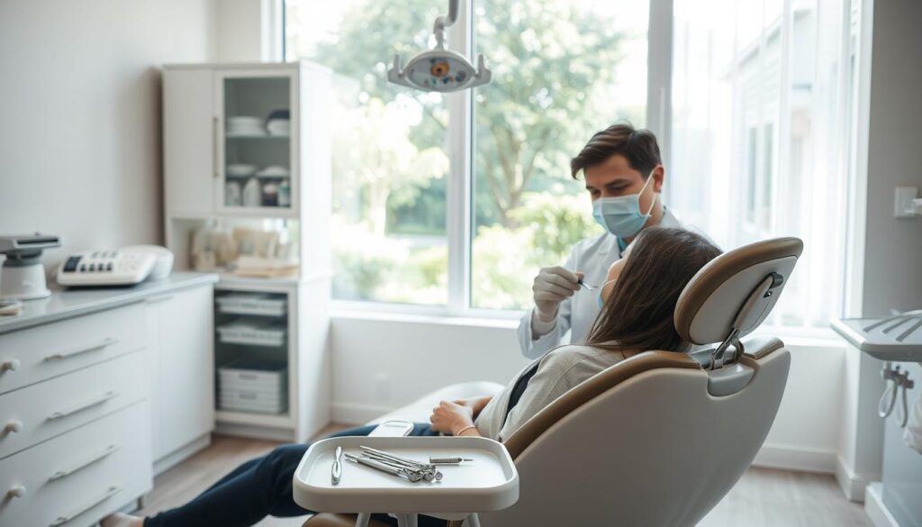 A serene dental office setting, with a warm, welcoming atmosphere. In the foreground, a patient sits in a reclining chair, their face partially obscured as a dentist examines their broken tooth, their tools and instruments neatly arranged on a tray beside them. The middle ground features a well-stocked cabinet filled with dental supplies, while the background showcases a large window overlooking a peaceful, lush garden, bathed in soft, natural lighting. The overall scene conveys a sense of trust, professionalism, and the importance of regular dental check-ups for maintaining oral health.